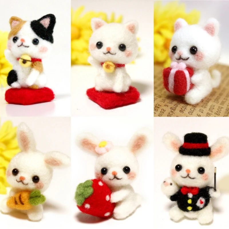 

Funny handmade diy toys cartoon small animal strawberry rabbit lucky cat wool felt set plush toy craft toy gift for children