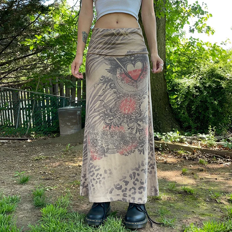 

Юбка-макси Женская трапециевидная с высокой талией, модная винтажная длинная юбка с принтом в готическом стиле, в стиле Харадзюку, в Корейск...