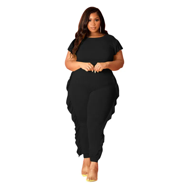 

Plus Size Women Solid Ruffle Patckwork Two Piece Sets Fashion O-Neck Short Sleeve Tees High Waist Skinny Pants Tracksuits Outfit