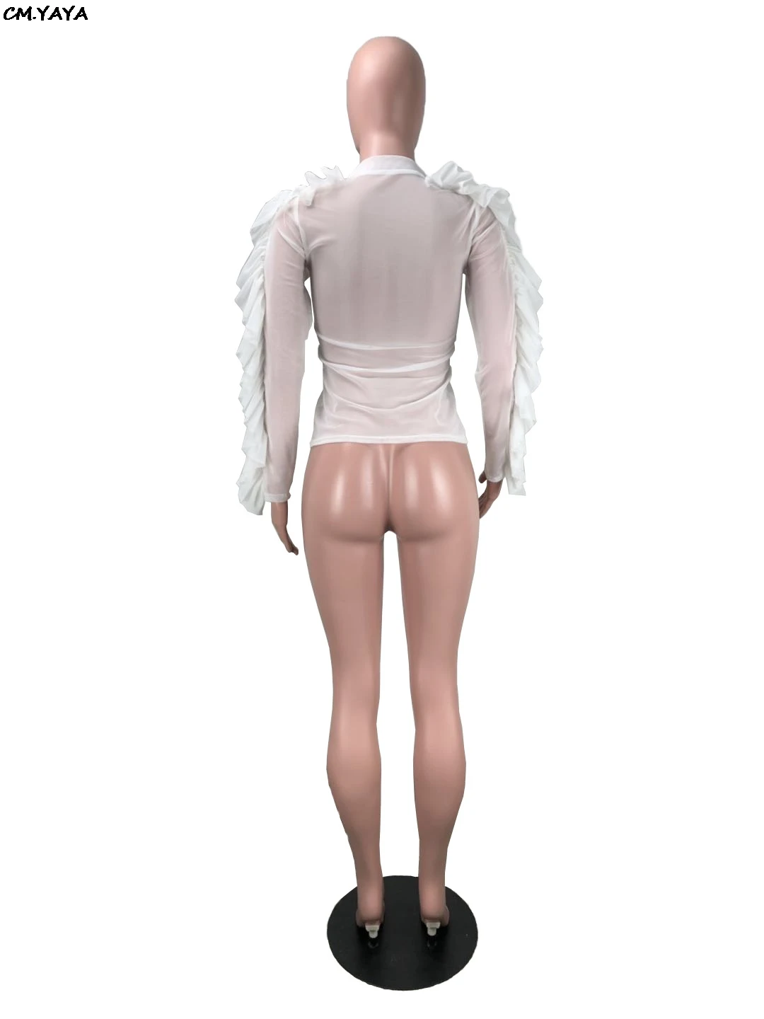 Женская облегающая блузка с оборками белая сетчатая прозрачная в уличном стиле