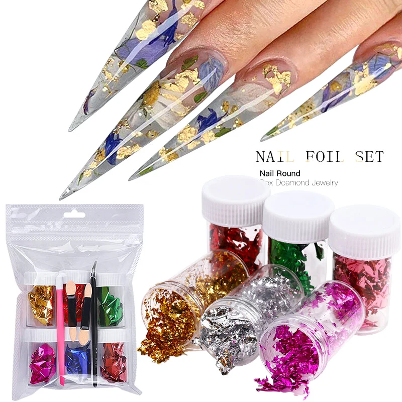 

6 Box Set Color Gold Nail Foil Art Ultra-thin Stickers Double-sided Scrap Paper Decorative Decal Nail Design Tool Set