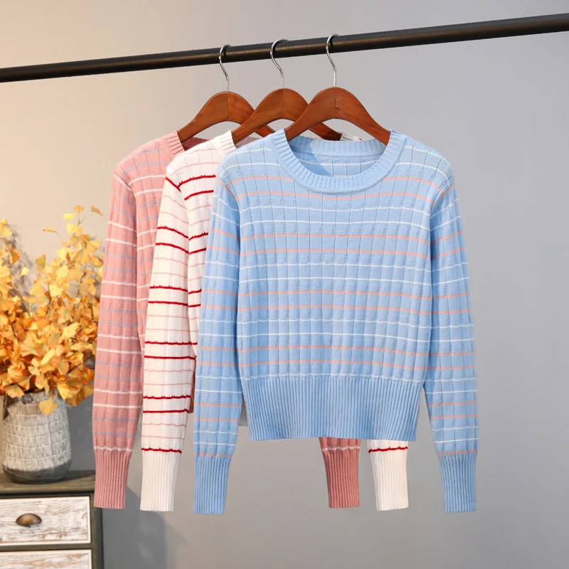 Женский вязаный свитер GIGOGOU повседневный джемпер в полоску с круглым вырезом