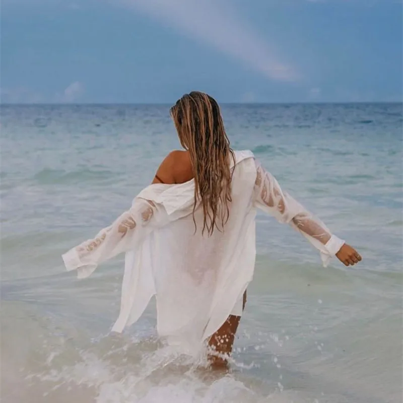 

Saida De Praia Beach Dress Tunic Pareos For Women Kaftan 2021 New Cotton Shirt Long Sleeve Size Sexy Cover Up Solid White Pareo