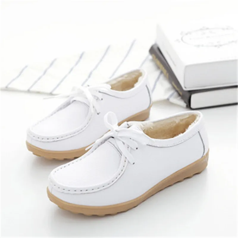 Winter Genuine Leather Thick Plush Warm Women Shoes Lace-Up Platform Moccasin Comfortable White Soft sole Non-slip Nurse | Обувь