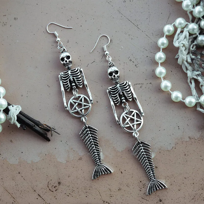 

Skeleton Mermaid Earrings with Pentagram Pendant Dangle Drops Birthdays Gift for her Day of the Dead Steampunk Goth Punk