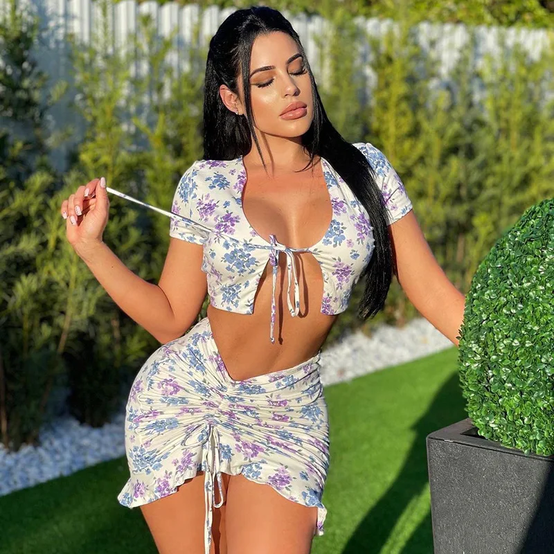 

Sexy Floral Print Mini Dress Sets Bikini 2 Pieces Crop Top Short Skirt Suits Women's Suit Summer Vacation Outfits Two Piece Set