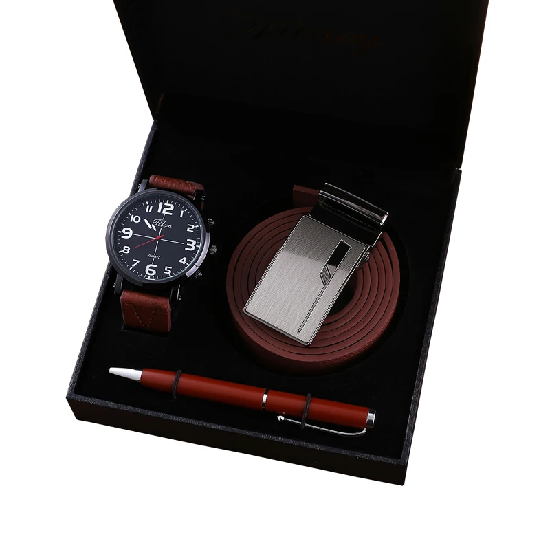 

Men's Quartz Watch Belt Pen Creative Combination Set Men's Gift Set Beautifully Packaged Wristwatches Valentine's Day Gift 3/PCS