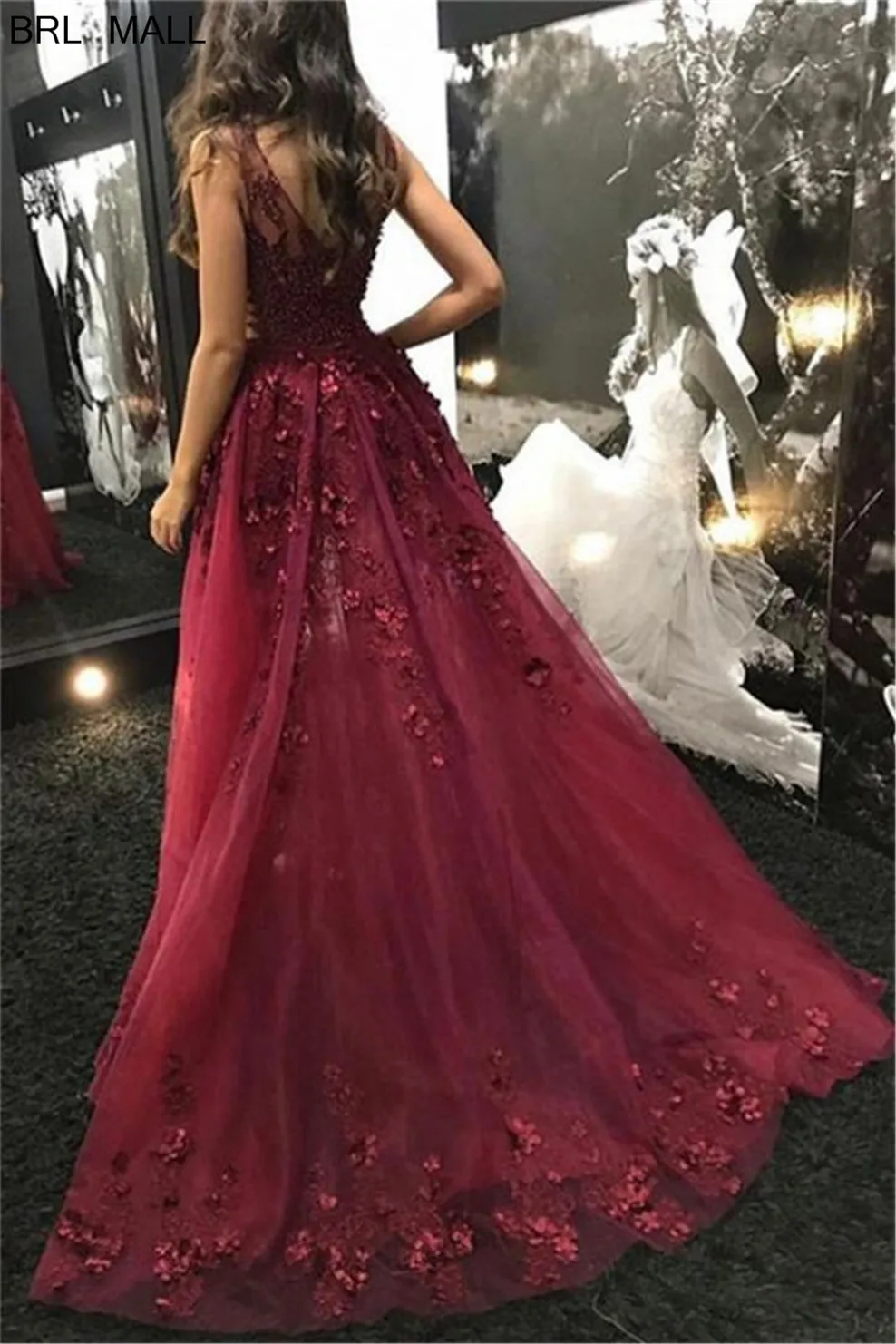 

Burgundy Appliqued Pearls Evening Dresses With Detachable Train Sexy Side Slit Long Formal Dresses Prom Gowns robes de soire