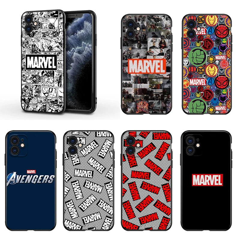 

Marvel Logo Avengers For Apple iPhone 13 12 11 Mini XS XR X Pro MAX SE 2020 8 7 6 5 5S Plus Black Silicone Phone Case