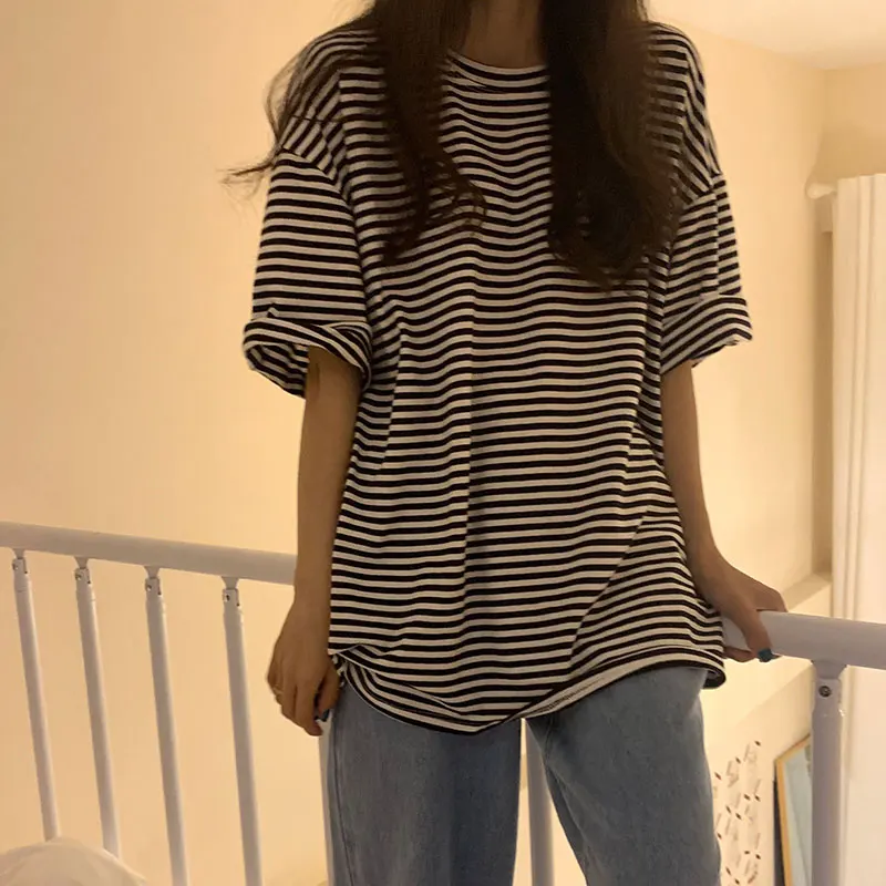 

INS Super Popular Vintage Stripe Short-Sleeved T-shirt Female 2021 Summer Korean Style Boyfriend Lazy Wind Net Red Students'