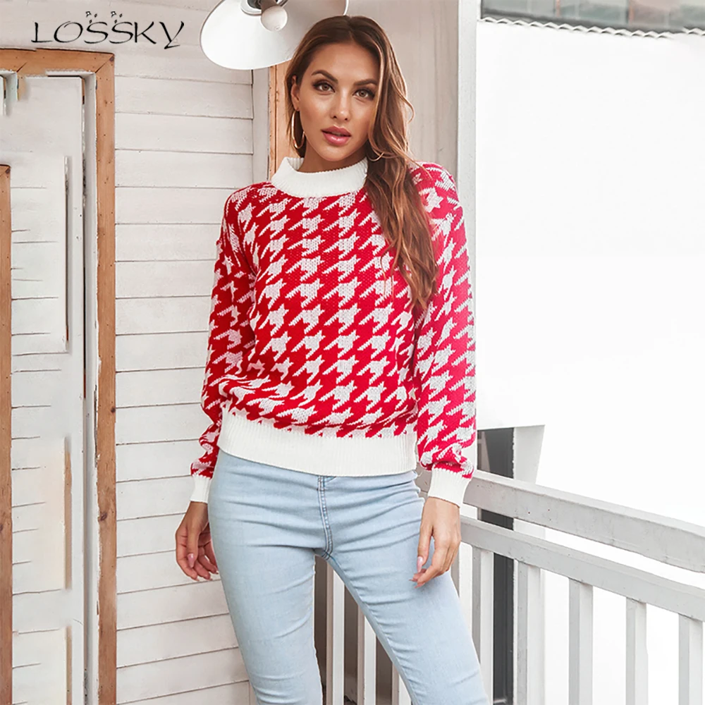 

Women Houndstooth Knitted Sweater Casual Loose Autumn Basic Long Sleeve Top Elegant Black Pullover Vintage Streetwear Sweaters