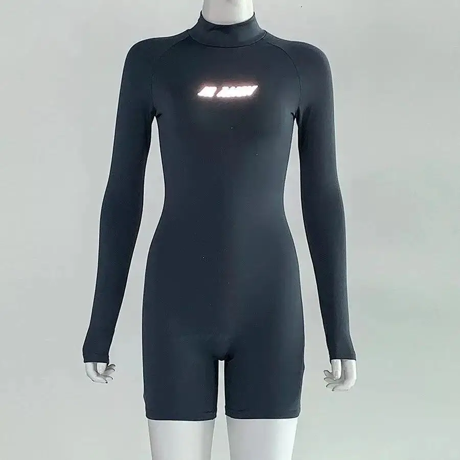 

Angjulie Elastic Casual Long Sleeves Solid Color Bodycon Rompers Women 2020 Printed Luminous Letters Jogging Fitness Overalls