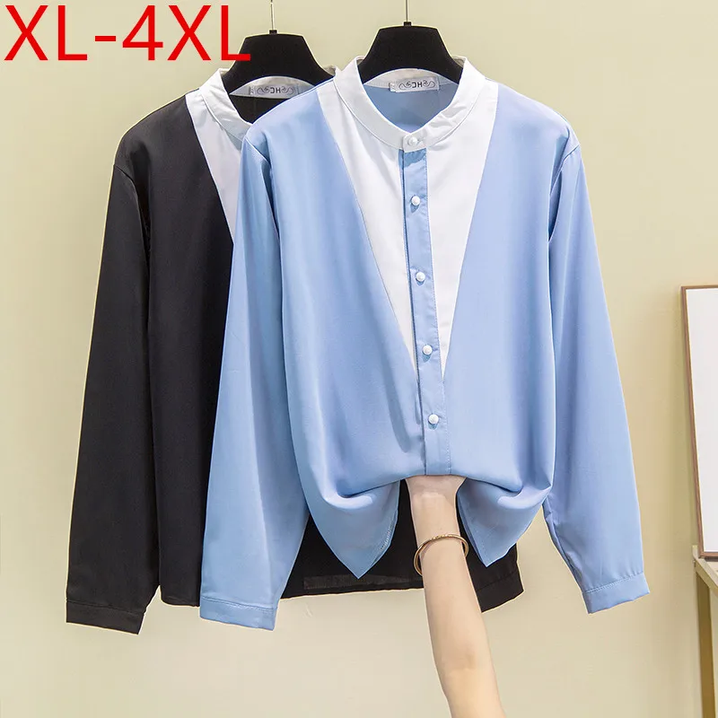 

Spring Autumn Plus Size Shirts Women O Neck Long Sleeve Two-tone Large Loose Casual Chiffon Shirt Tops XL 2XL 3XL 4XL