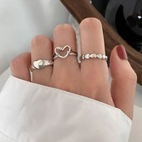 retro silver color love heart hollow opening ring for women ins sweet elegant handmade adjustable rings party wedding jewelry