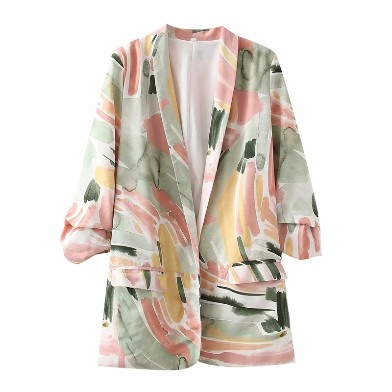 

Женский шифоновый блейзер с карманами и принтом, без пряжки