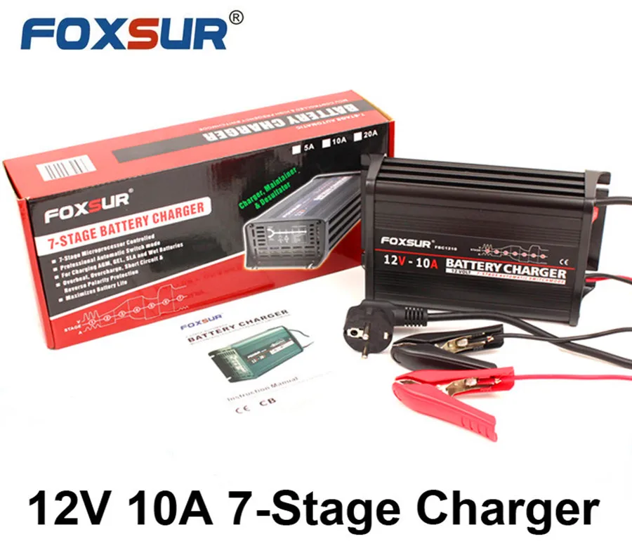 FOXSUR 12V 10A 7 ступенчатое умное свинцово Кислотное зарядное устройство