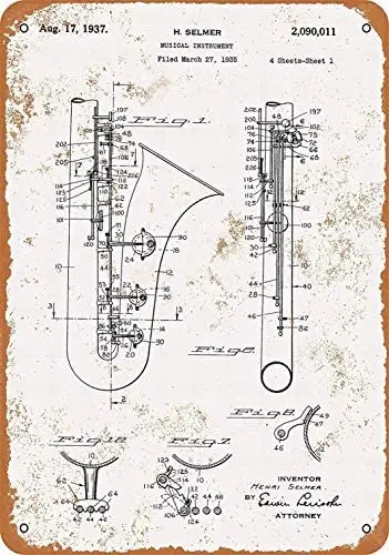 

8 X 12 Inch Metal Sign - Saxophone Patent - Vintage Wall Decor Home Decor