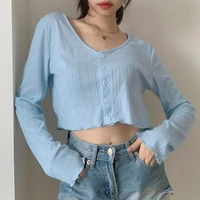 summer autumn thin womens knitted cardigan sexy solid color t shirt casual long sleeve v neck button women tops for party daily