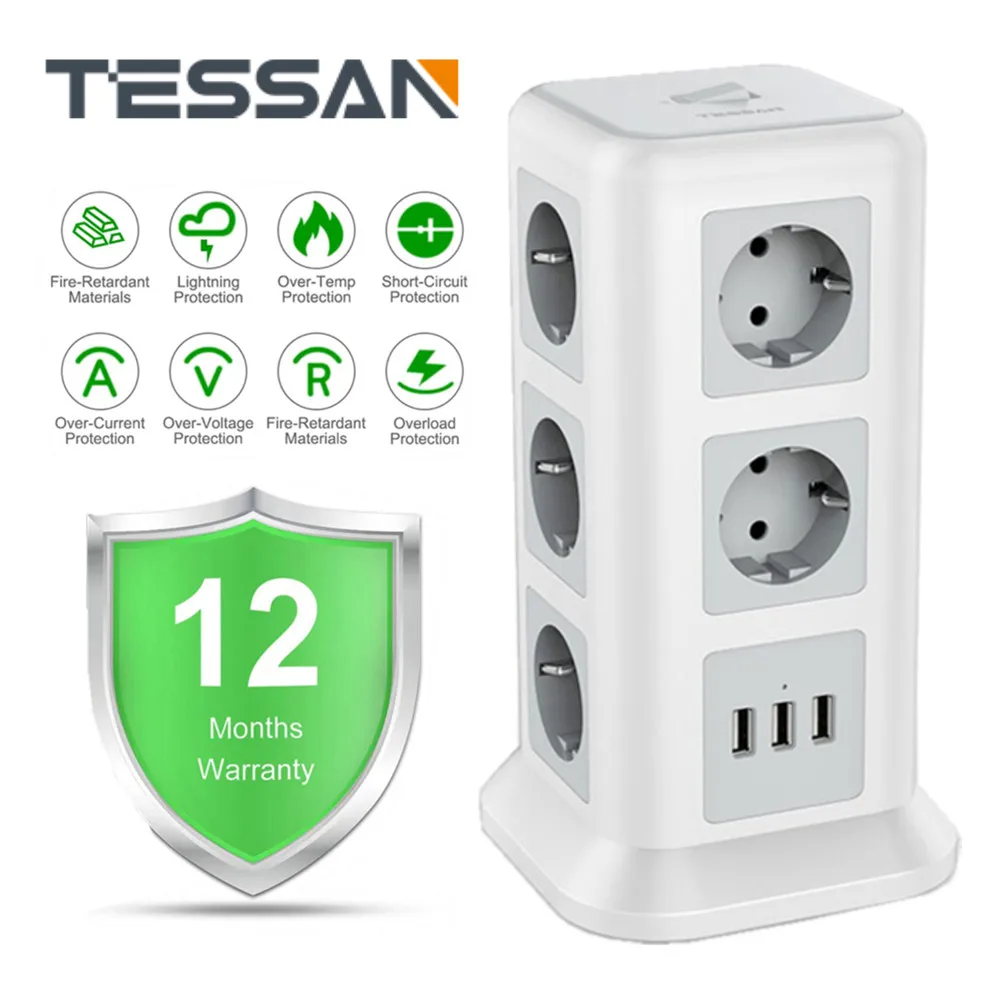 Фото Плата питания TESSAN Smart Power Board с европейской вилкой 3 USB и 11 розетками удлинитель