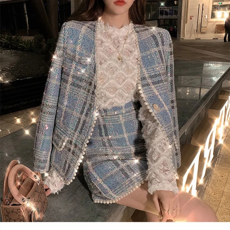 

Autumn And Winter New Women's Two-piece Fashion Western Style Casual High-end Plaid Long-sleeved Shirt + High-waist Skirt Suit