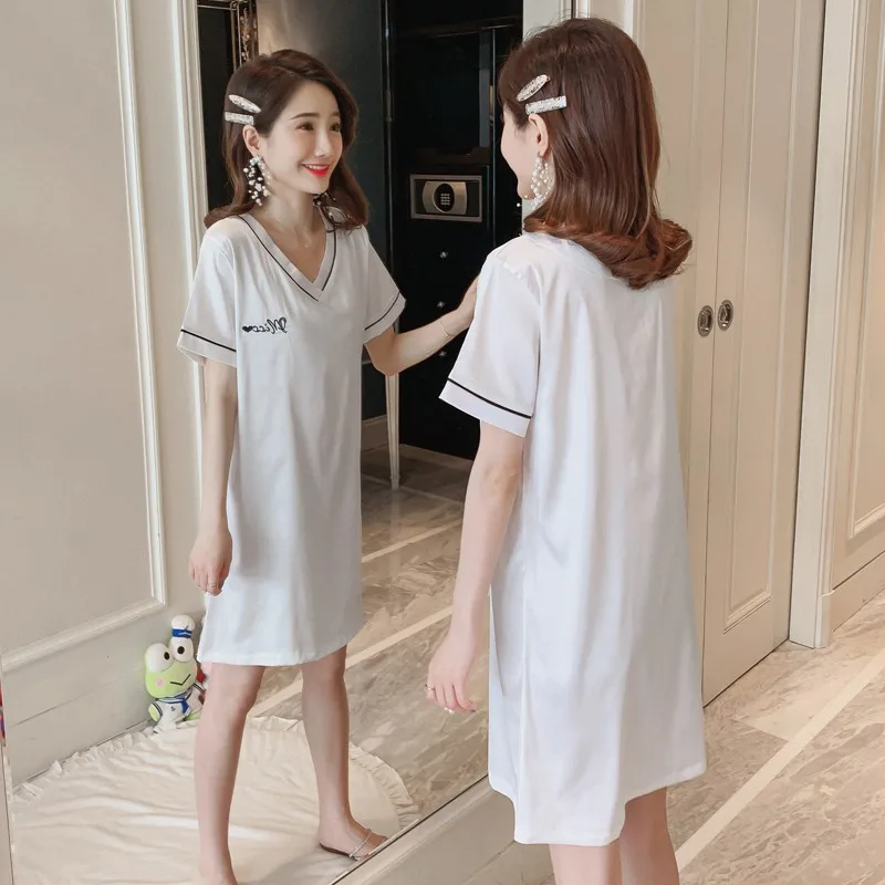 

2020 New Summer Silk Satin V-neck Nightgowns for Women Short Sleeve Sleepwear Nightwear Night Dress Home Dress Nightdress Nighty