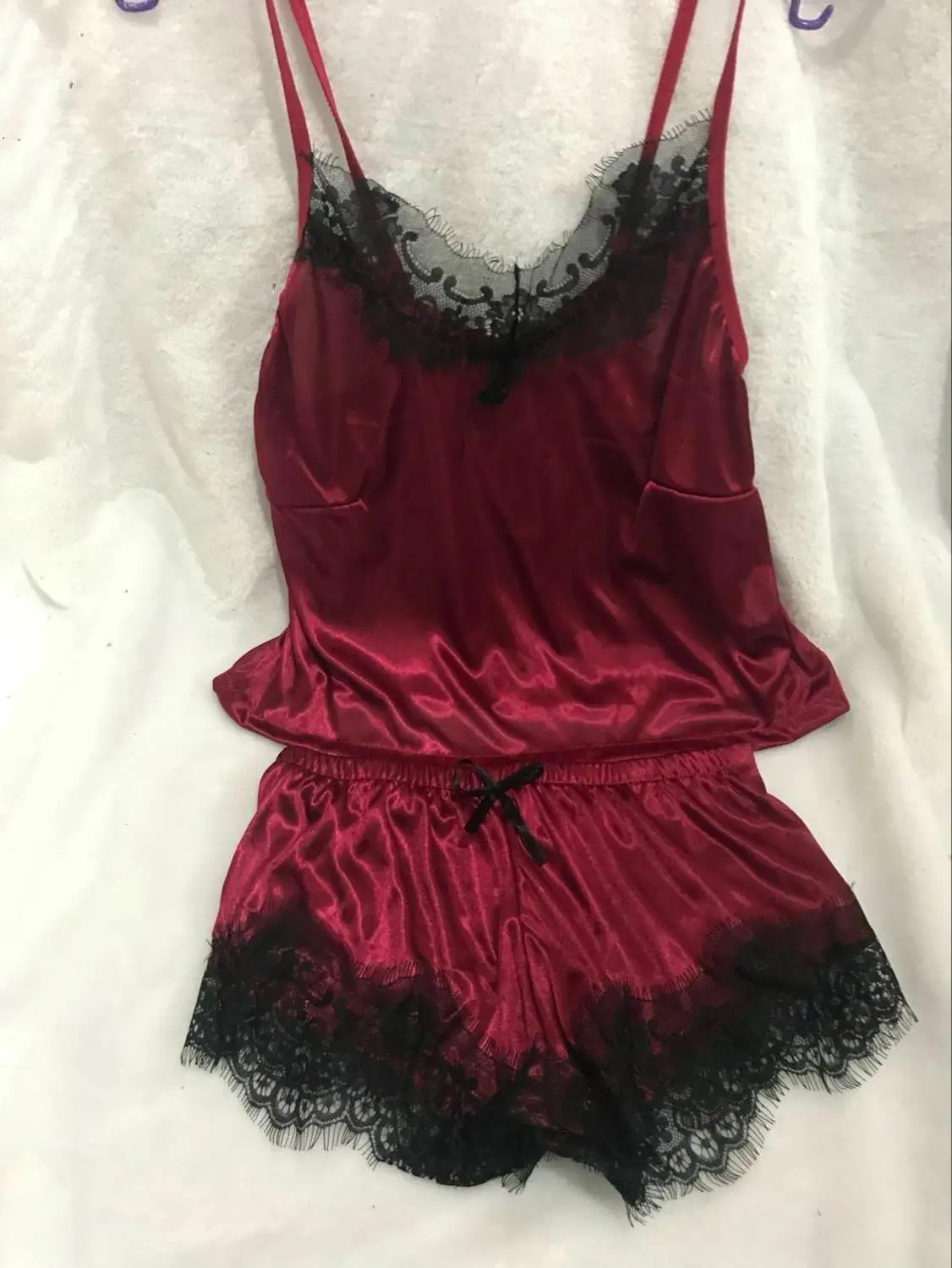 Новая женская пижама Сексуальная атласная ночная рубашка черная кружевная