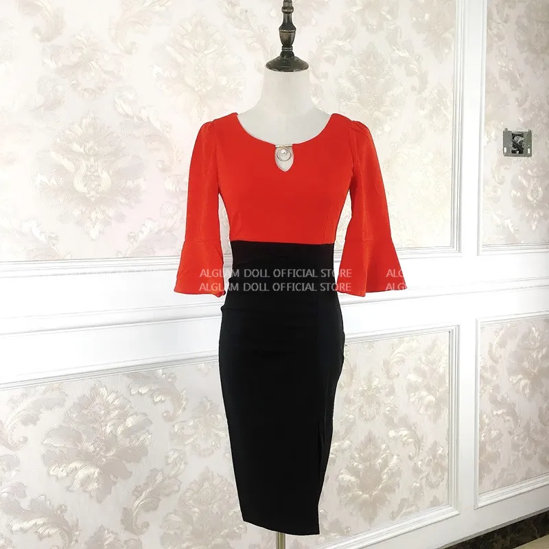 Женское облегающее платье карандаш составного кроя с высокой талией красного и