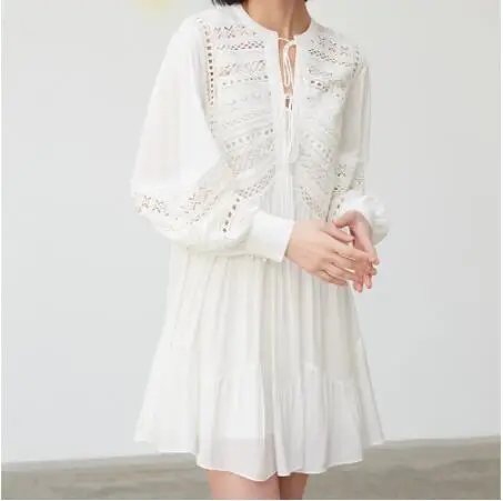 

21 Spring Summer New Women's Vintage Solid Lace Hollow Out Lace-up Ruffles White Black Long Sleeve Mini Dress