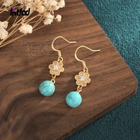 new style flower jewelry retro design turquoise drop earrings inlaid with zircon womens ear jewelry gift