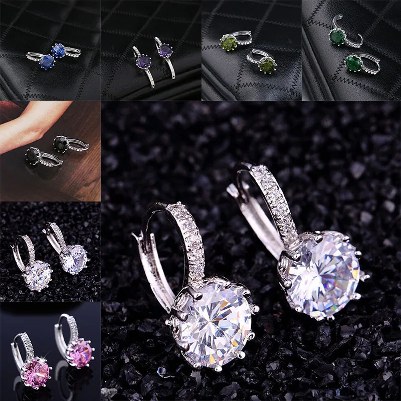 

6 Color Trendy Silver Plated Charm Stud Earring Round Cubic Zircon Metal Vintage Earrings Jewelry for Women Friend Gift Hot