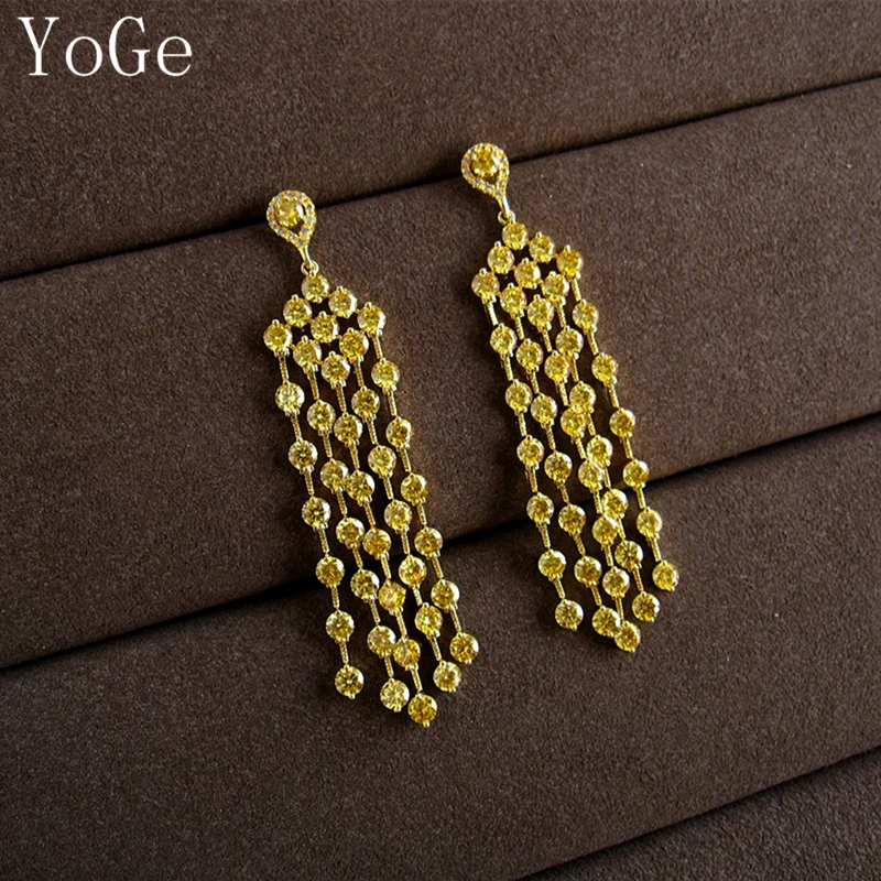 YoGe Wedding&ampParty Jewelry E0365 fashion AAA CZ shinning round stones long drop tassel earrings | Украшения и аксессуары