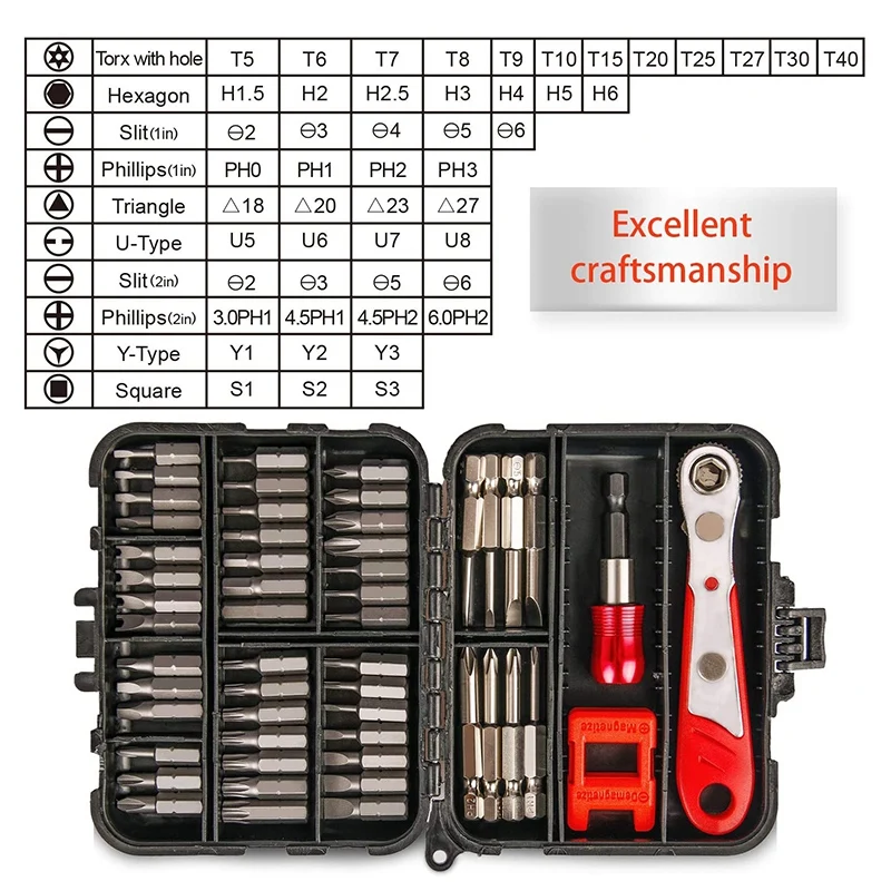 

53PCS Multifunction Hex Screwdriver Bit Set High Torque Ratchet Wrench Drive 1/4 Inch Socket Extension Bit Holder