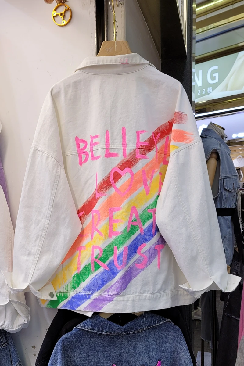 

Dropshipping 2021 Spring New Fashionable Loose Tie Dyed Hand Painted Coat Rainbow Letter Denim Jacket for Women