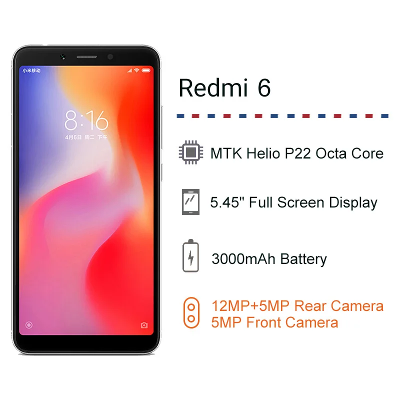 Оригинальная глобальная версия Xiaomi Redmi 6, 4 Гб ОЗУ, 64 Гб ПЗУ, 5,45 дюйма, HD 18:9 Helio P22 Octa Core4G LTE AI 12,0 МП, смарт-телефон для распознавания лица