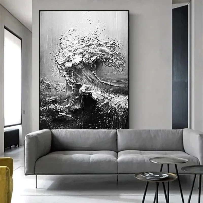 Ручная роспись абстрактная картина маслом черно белая морская волна Толстая