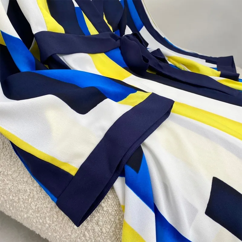 

2021 New Summer Women Fashion Colorful Striped Patchwork Waist Self-tie Lace Up Loose Ankle Length Dresses High Quality