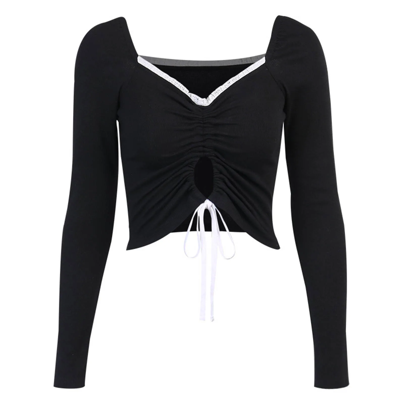 

Women Sexy Deep V Neck Long Sleeve Drawstring Hollow Out Crop Top Slim Blouse