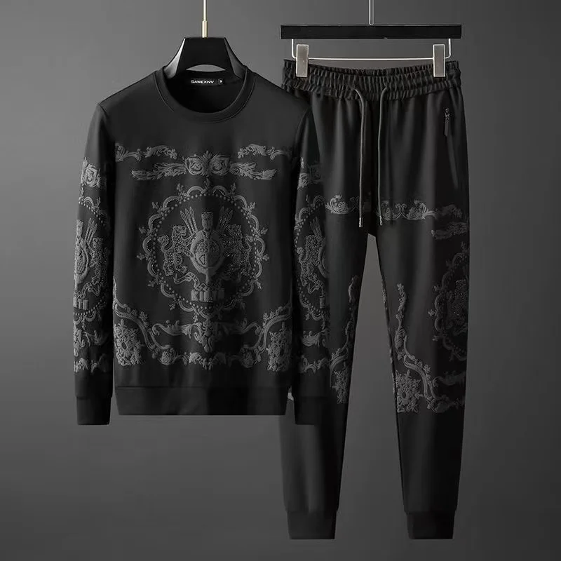 

New hot diamond sweater men's suit autumn new European light luxury retro leisure sports two-piece suit