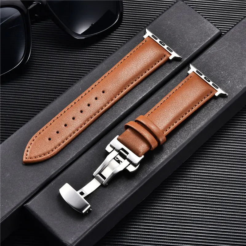 Genuine Leather Watch Straps for Apple Watch 8 7 6 SE 5 4 3 Butterfly Buckle Watchband 38mm 40mm 41mm 42mm 44mm 45mm for iwatch