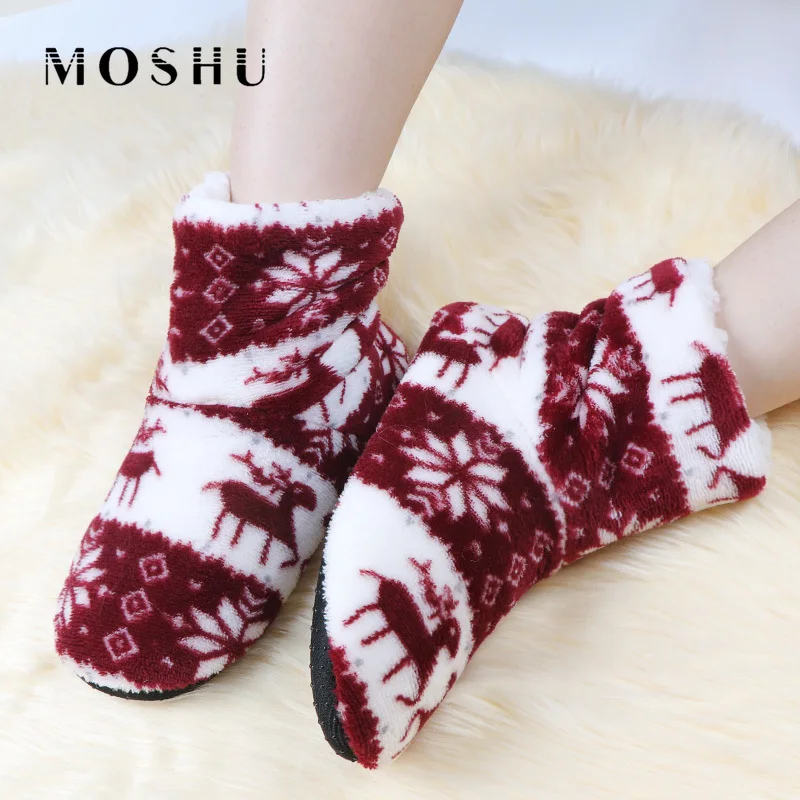 Домашние тапочки с принтом лося женские зимние меховые шлепанцы на плоской