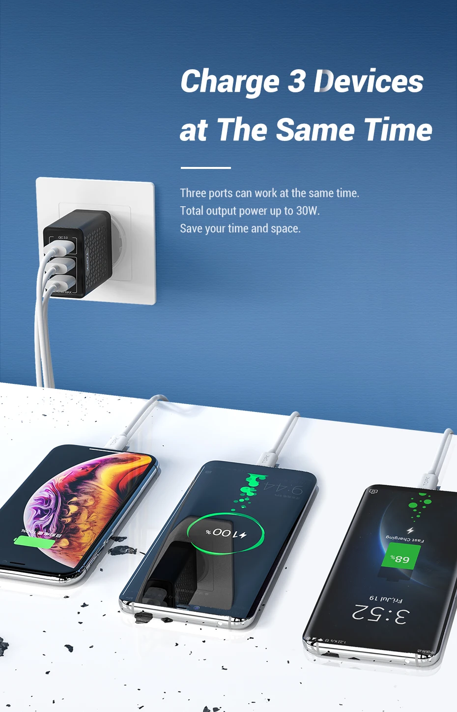 TOPK B354Q 3 порта 30 Вт Быстрая зарядка 3,0 USB зарядное устройство для iPhone Xiaomi samsung huawei QC3.0 Быстрая зарядка настенное зарядное устройство для телефона
