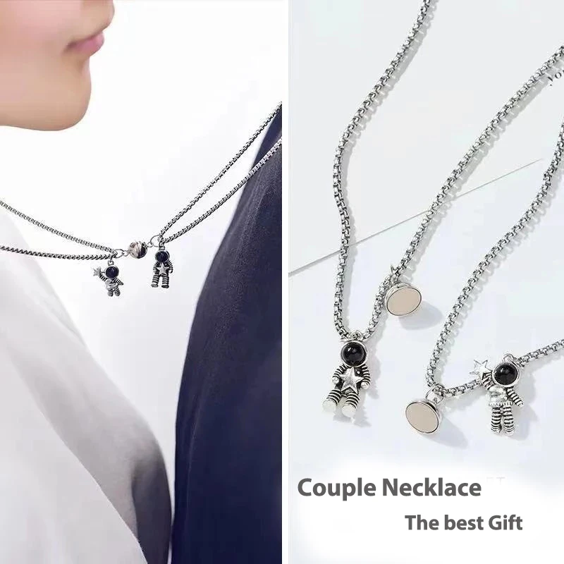 2 комплекта/набора дружбы ожерелья-подвески "Космонавт" для женщин и мужчин, серебряного цвета, с магнитной замком цепочкой, ювелирные изделия, подарки сёстрам.