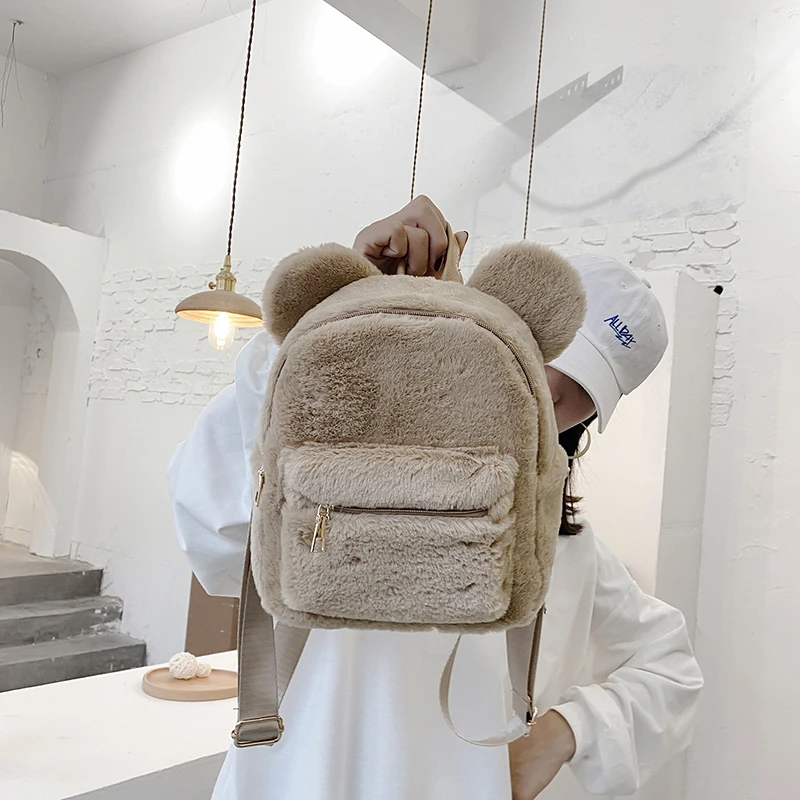 Korean Mini Backpack For Girls Cute 2021 New Bear Ears Plush Women Backpack Faux Fur Shoulders Bag Furry Ladies Bagpack KPOP