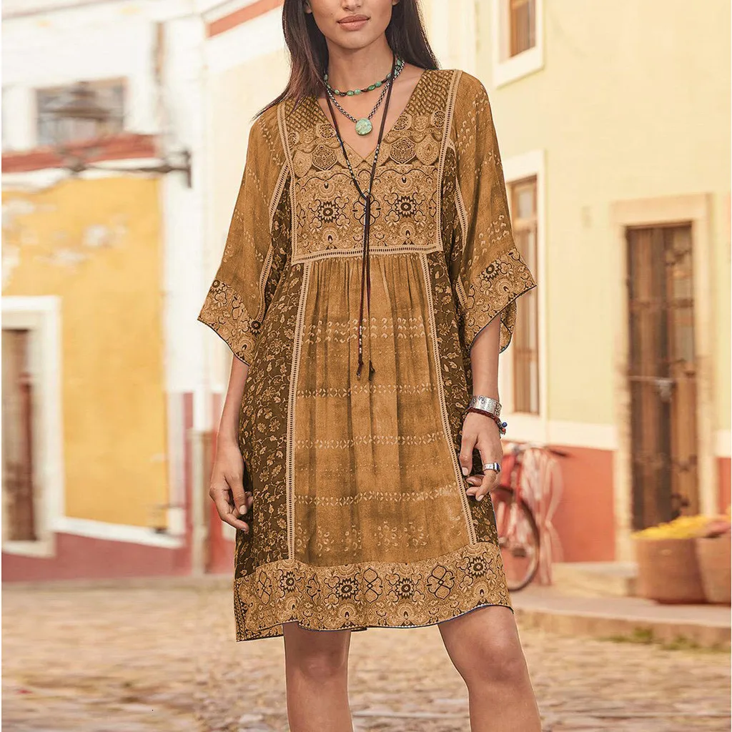 Женское богемное летнее платье большого размера свободное повседневное мини с v