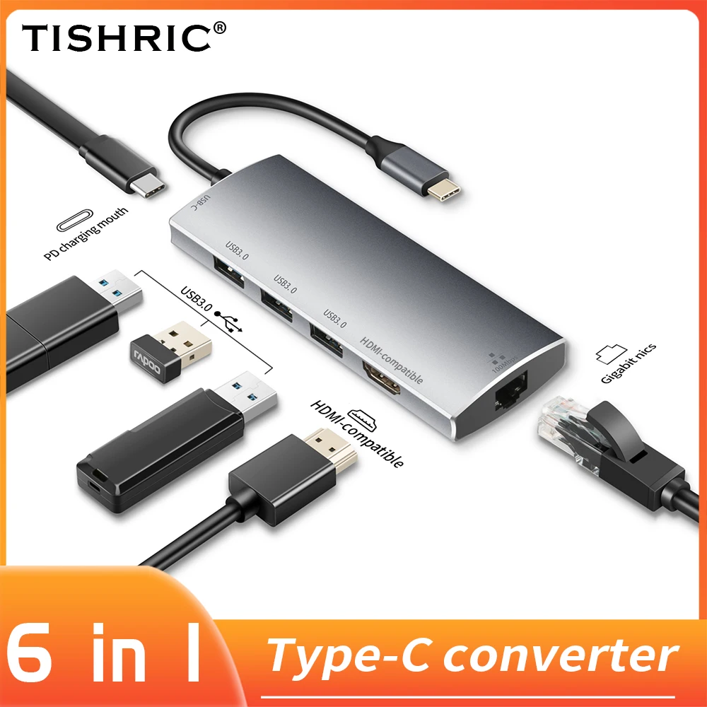 TISHRIC 6 в 1 Тип C разветвитель адаптер RJ45 100/1000 м PD VGA USB 3 0 док станция для Macbook Pro/Air/Huawei