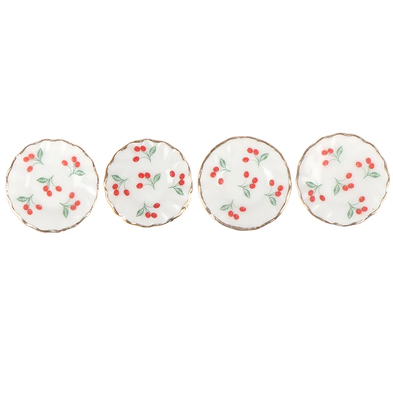 

4PCS/SET Durable Kitchen Toys Dollhouse Cherry Trays Plates Doll Mini Food Dishes Tableware Miniature Doll House Accessories