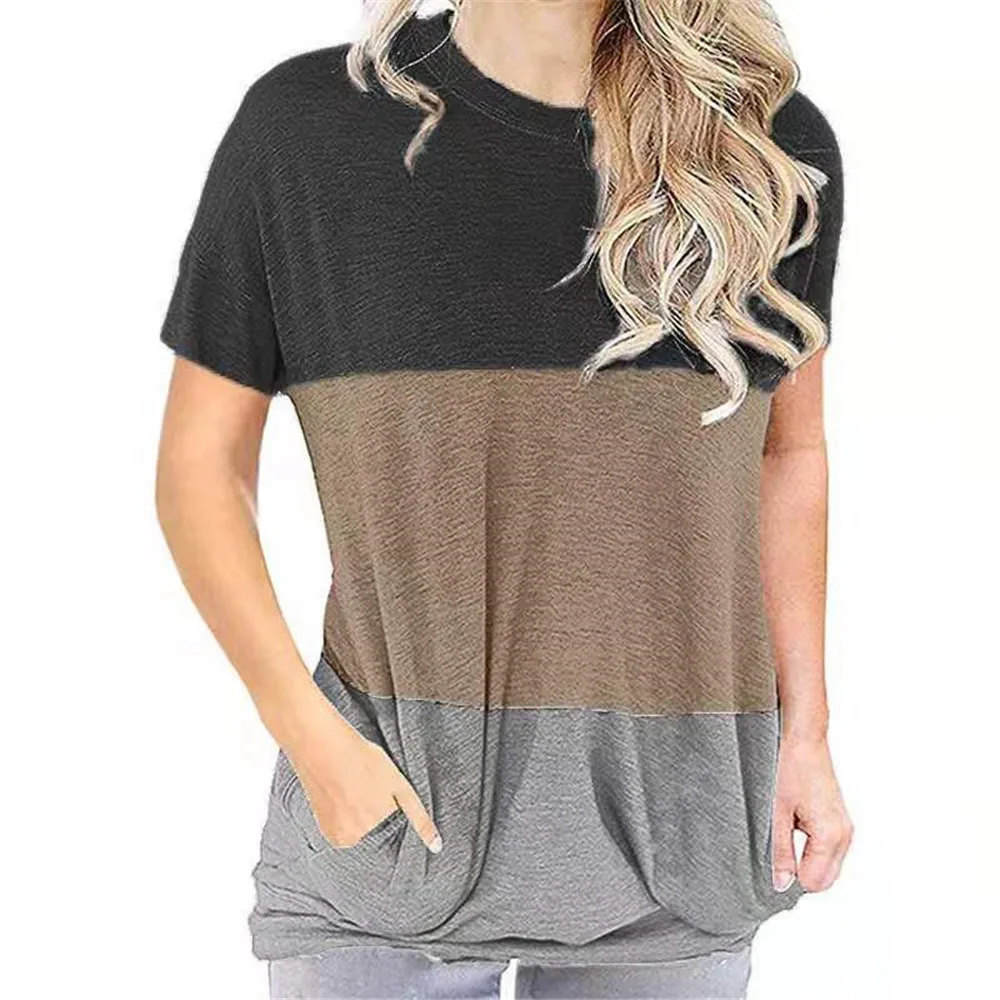 

2021 new spring and summer women's color matching round neck loose bat short sleeve pocket T-shirt