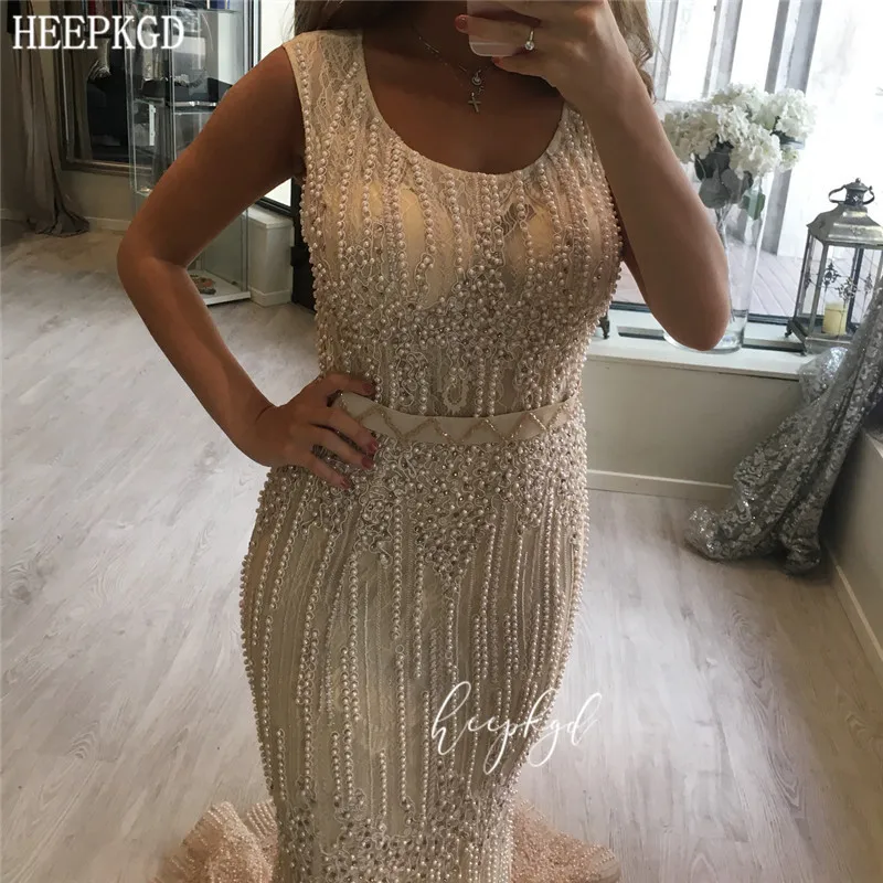 

Champagne Mermaid Luxury Dubai Evening Dress Pearls Lace High Quality Long Formal Occasion Women Dresses Customize Abendkleider