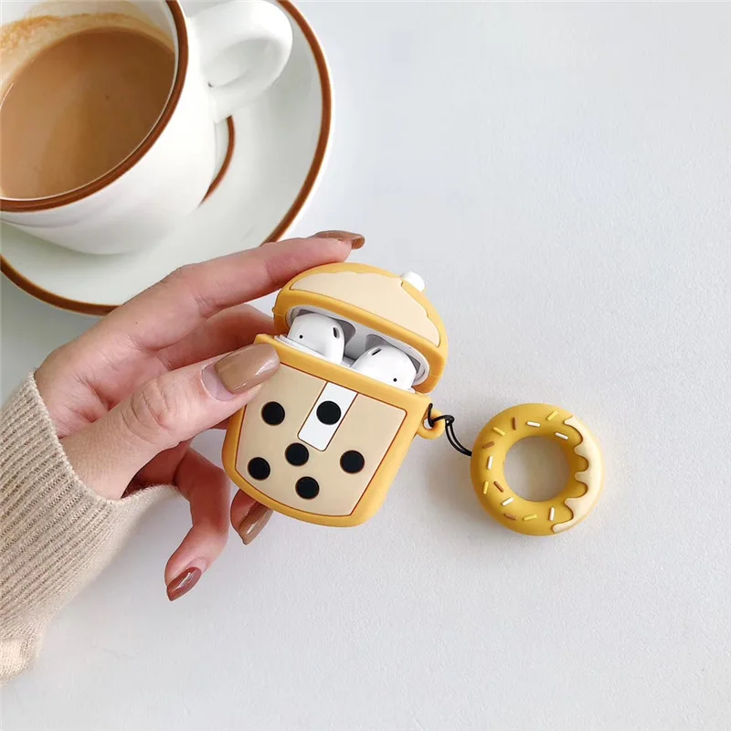 Cute Boba Headphone Case For AirPods 2 Silicone Bubble Tea Wireless Bluetooth Earphone Protective Cover With Finger Ring Strap |