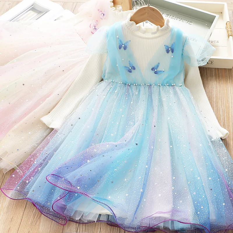 

Осенне-зимнее новое платье для девочек, расплавленное газовое платье с бантом и блестками
